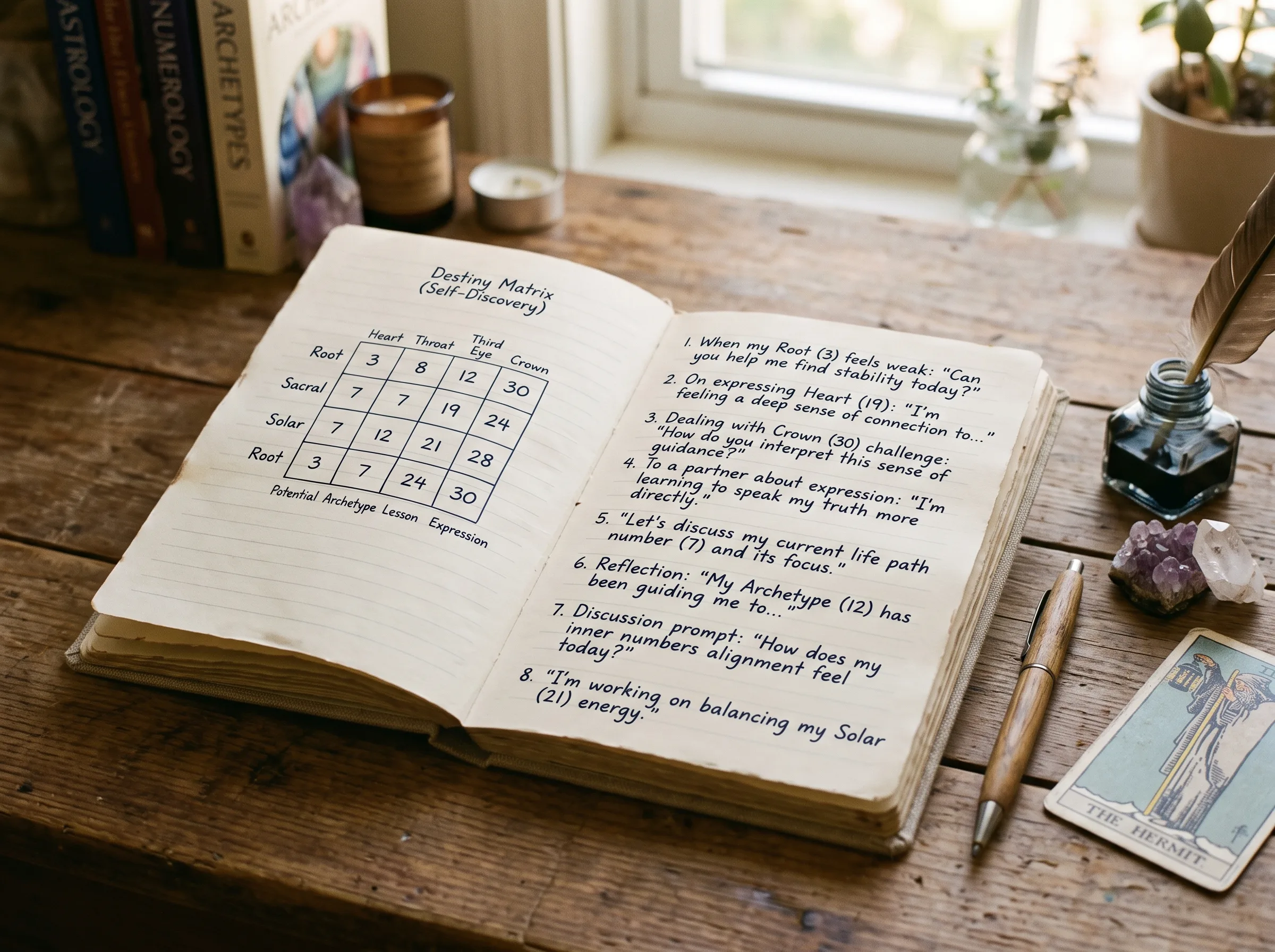 Diario con prompts de conversación de relación junto a una carta de la Matriz del Destino