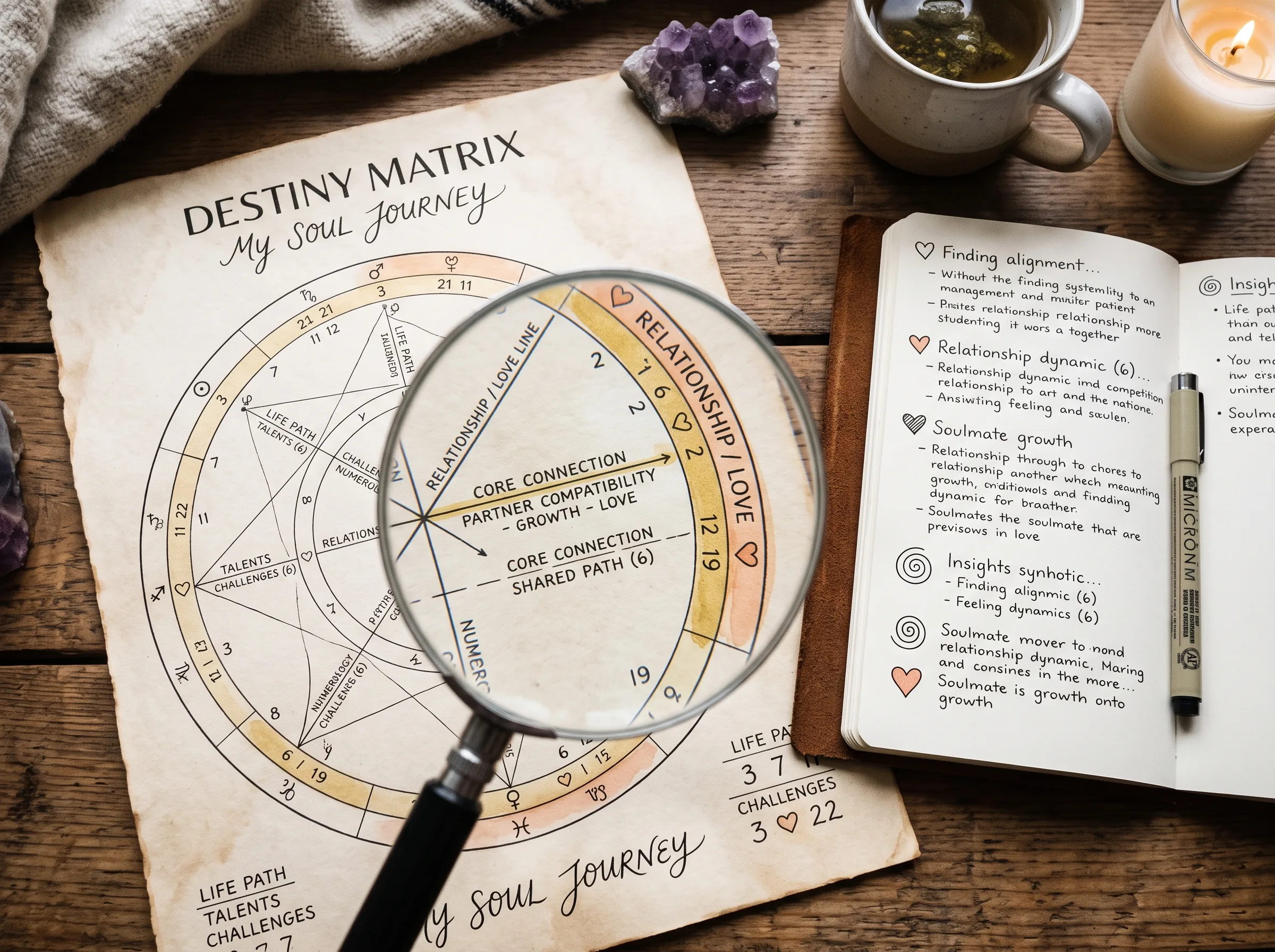 Primer plano de la carta Matriz del Destino enfocada en la línea del amor con diario