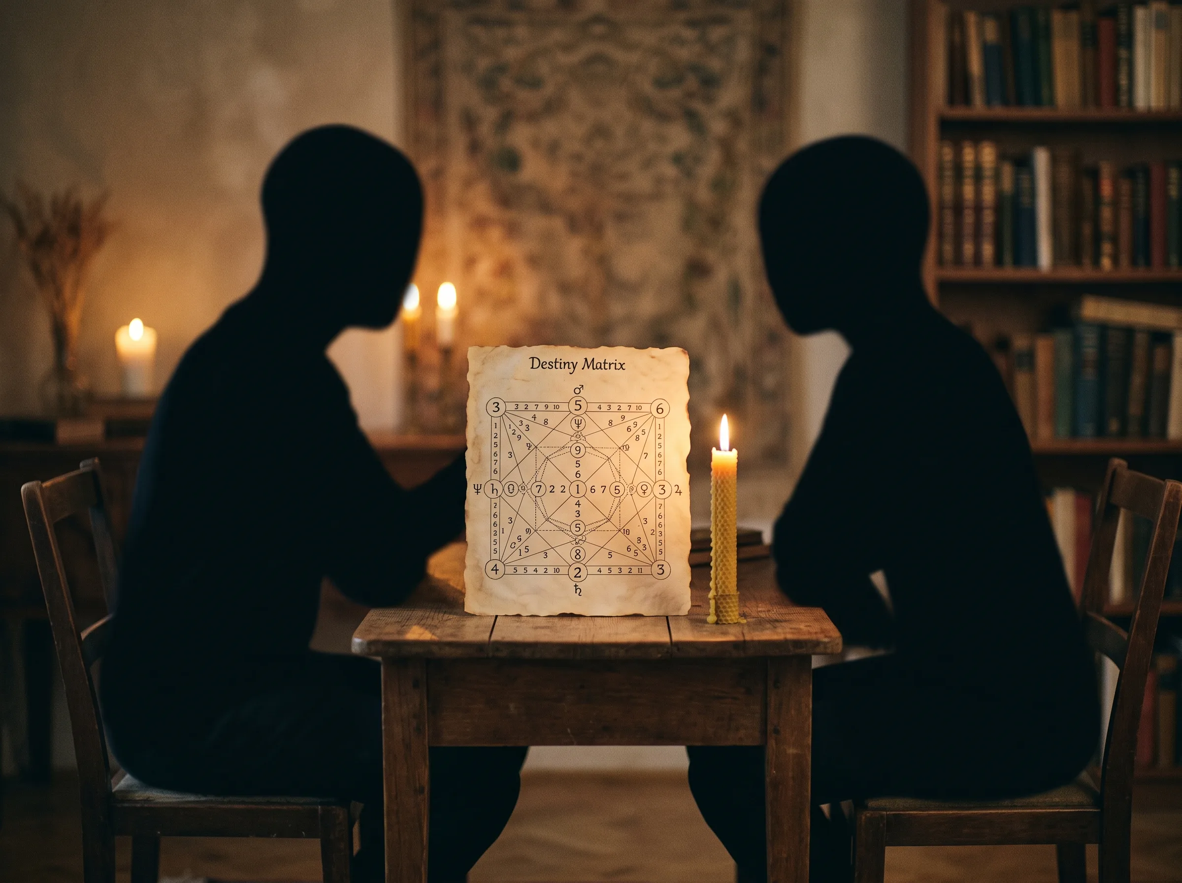 Dos personas reflexionando sobre patrones de relación con una carta de la Matriz del Destino